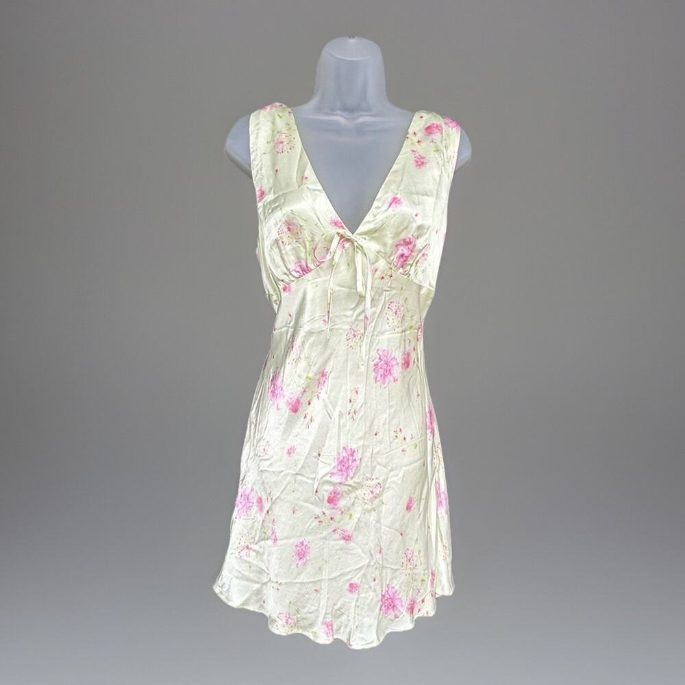 ASOS Satin Mini Slip Dress Sz 8-10 V-Neck Lemon & Pink Floral Romantic Coquette